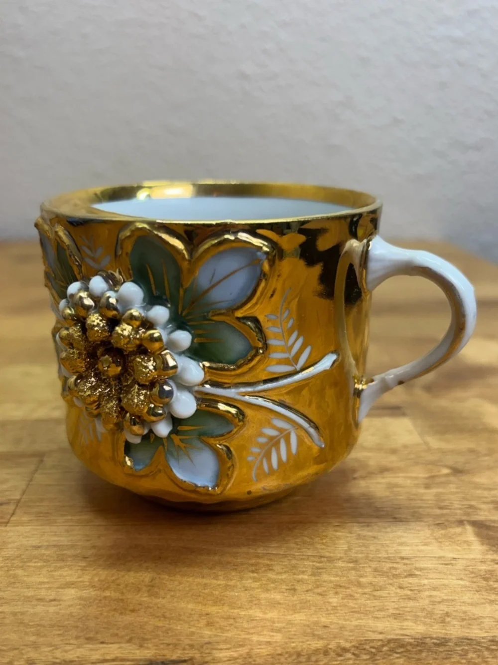 Antique German Gold Luster Mustache Cup & Tea Cup Set 3D Applied Flower 1890s